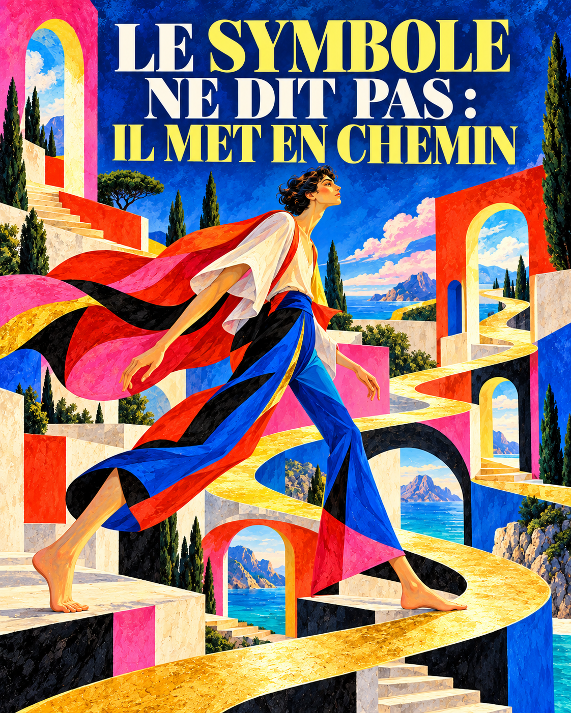 Personnage aux jambes très allongées avançant sur un chemin doré à travers un paysage pop aux couleurs intenses